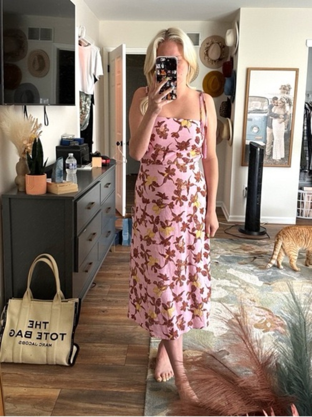 NEW House of Harlow Pink Floral Linen Blend Beaded Strap Midi Dress L